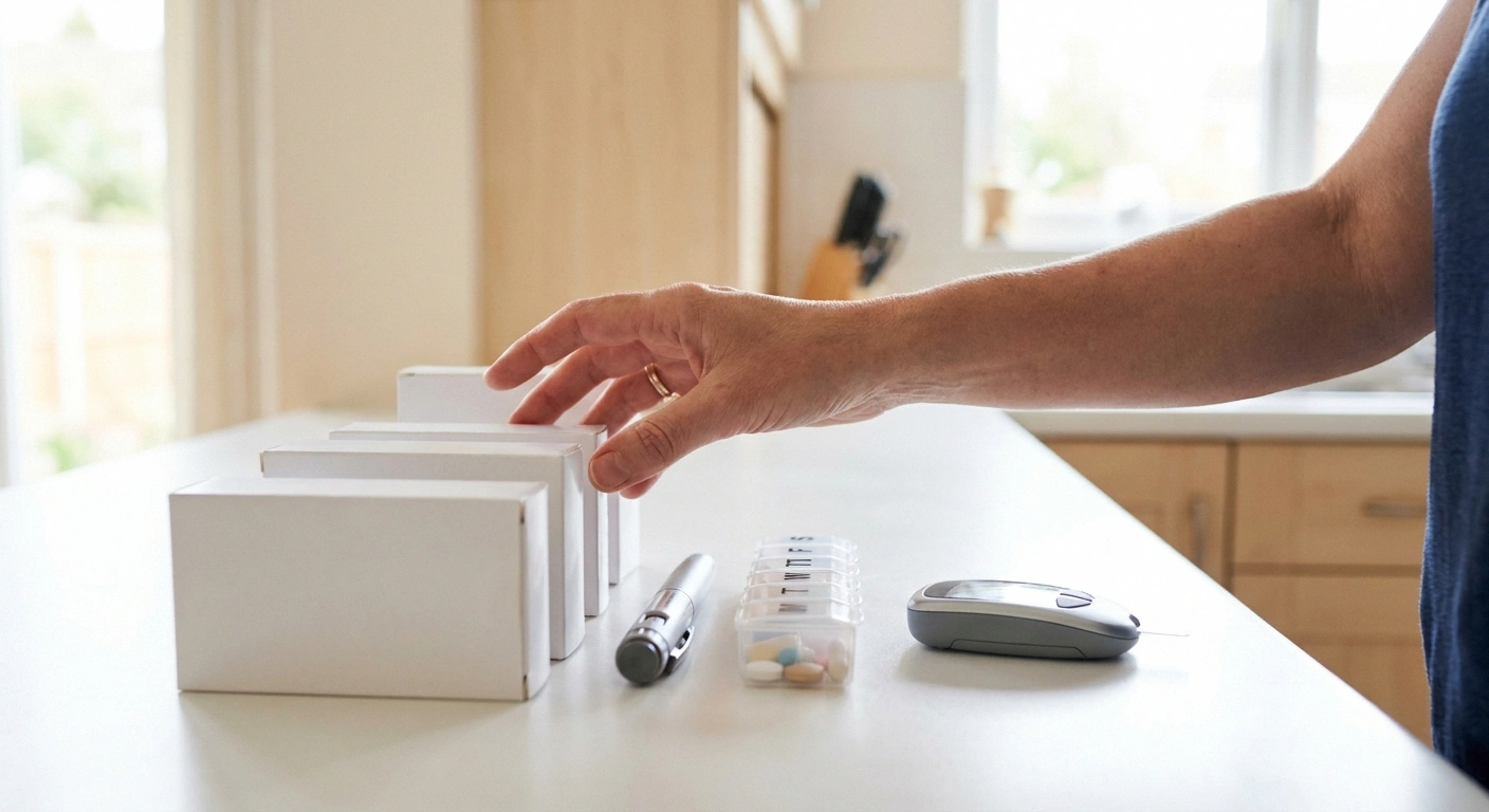 Row of prescription boxes, pill organiser and glucose meter on a kitchen counter