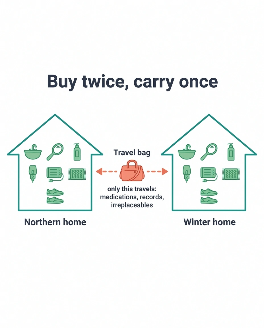 Diagram of two houses each holding a duplicate equipment set with one small bag travelling between them
