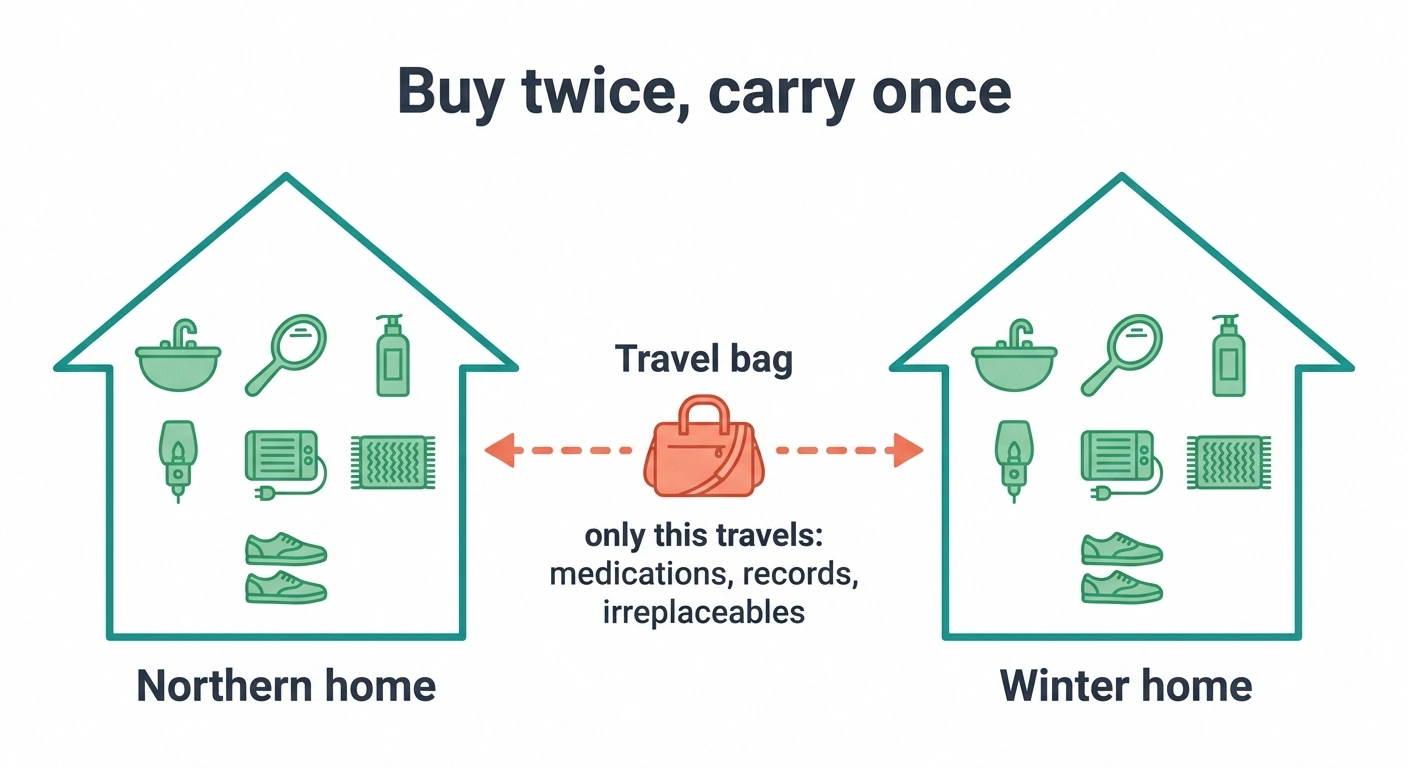 Diagram of two houses each holding a duplicate equipment set with one small bag travelling between them