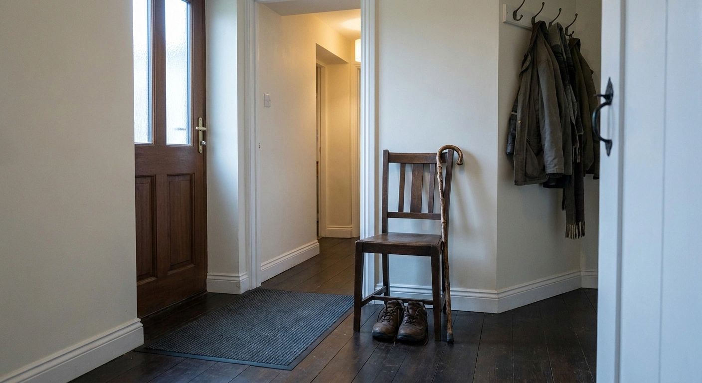 Entryway with a flush rubber-backed mat and a chair for sitting to remove shoes