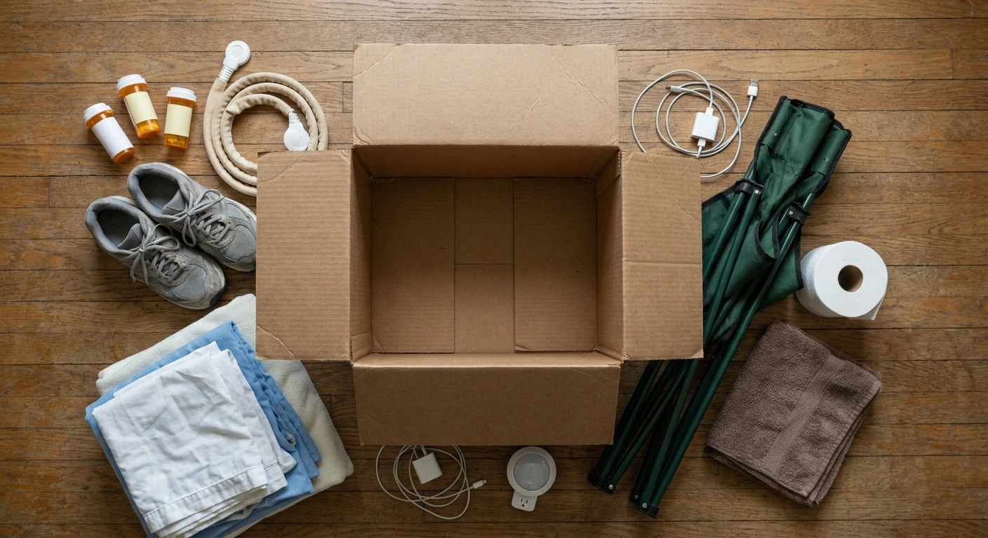 Overhead view of an open box surrounded by medications, shoes, linens and a night light