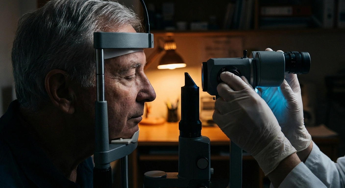 Older man having an eye examination at a slit lamp in a dim room