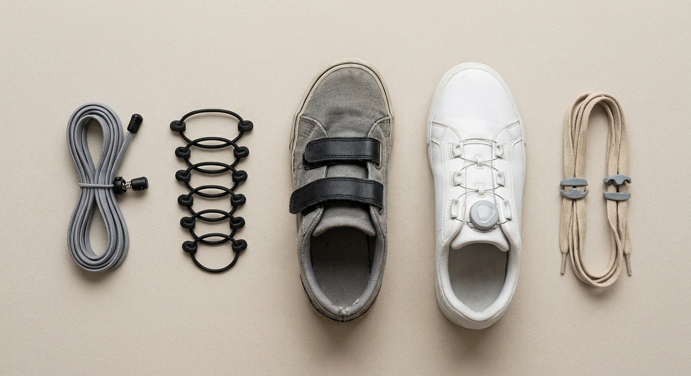 Overhead view of five shoe fastening systems arranged in a row on a pale surface