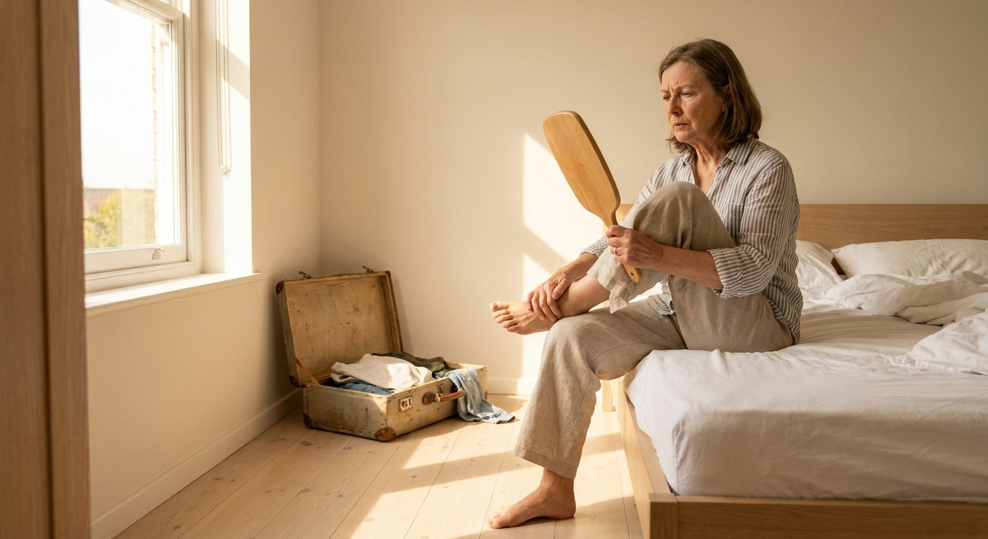 Woman seated on a bed checking the sole of her foot with a long-handled mirror