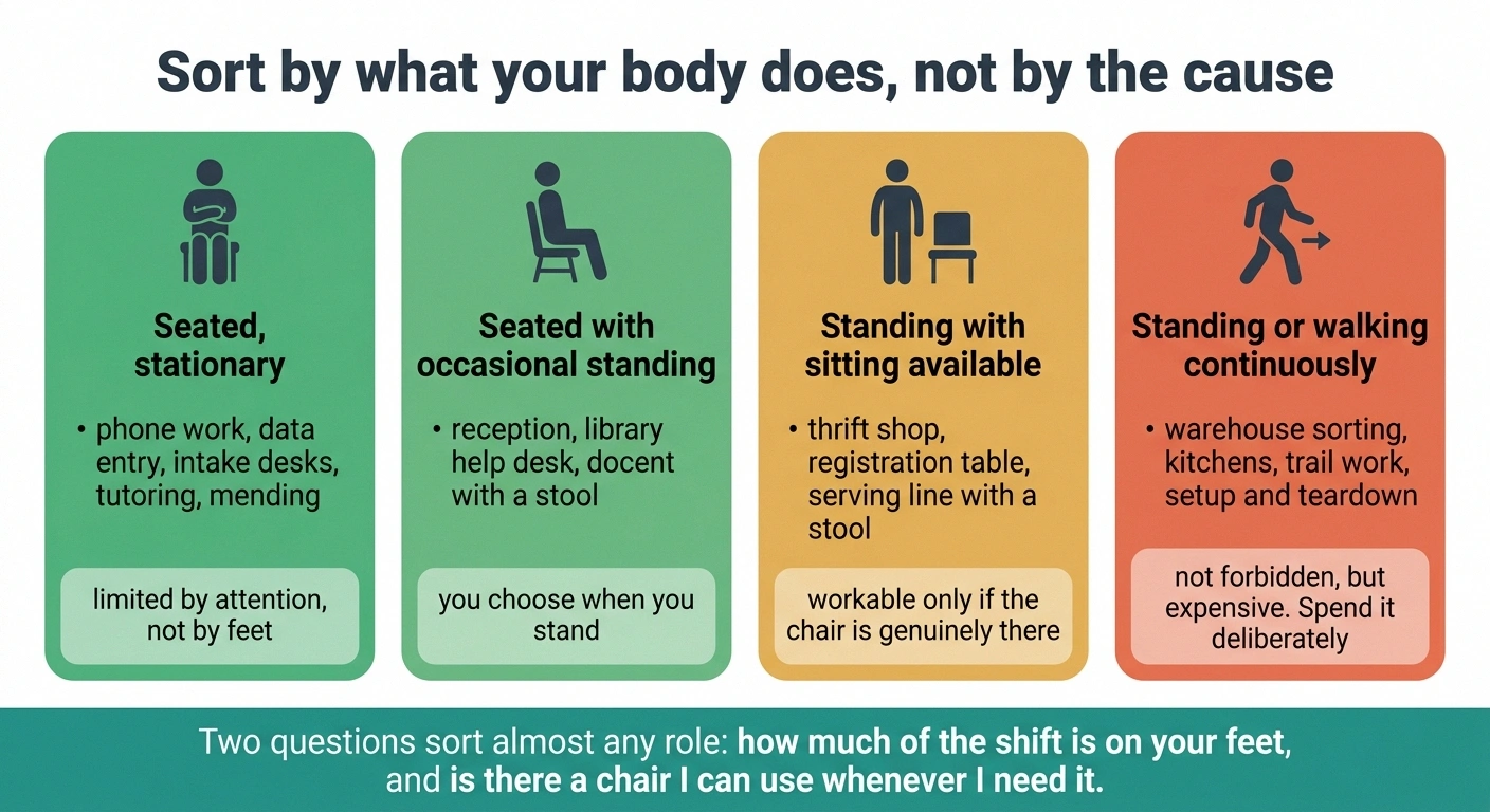 Four-column chart sorting volunteer roles by how much of the shift is spent standing