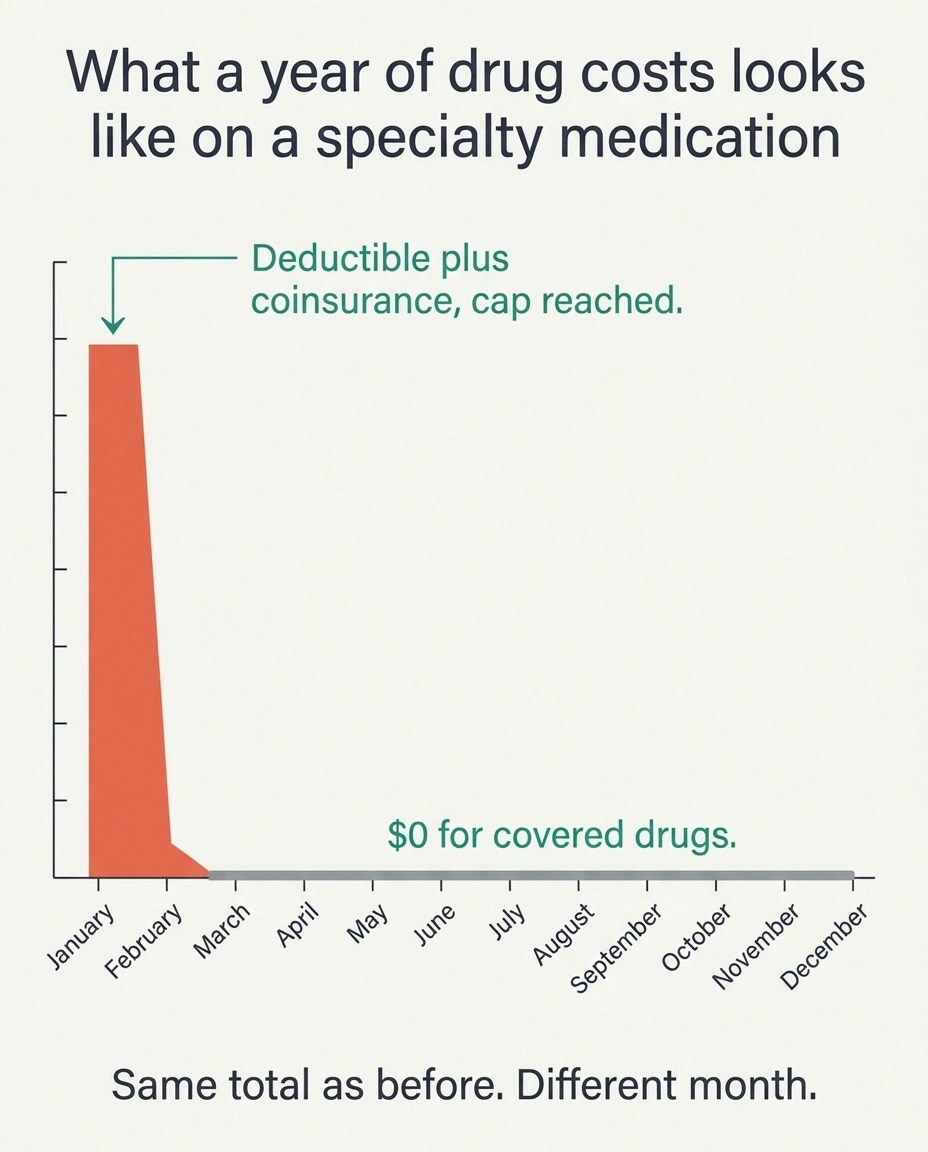 Area chart showing drug spending concentrated in January then flat at zero for the year