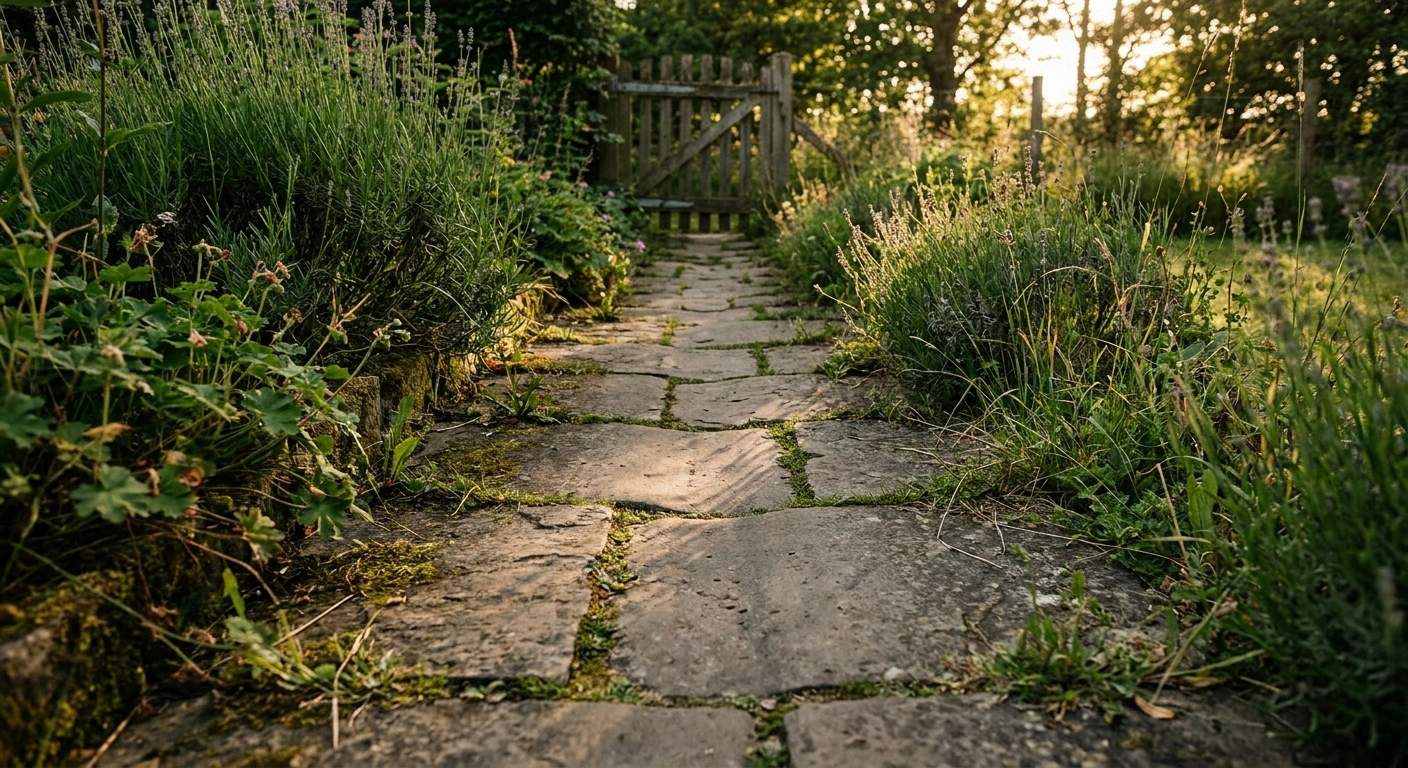 Worn garden path of paving slabs running between overgrown borders toward a gate
