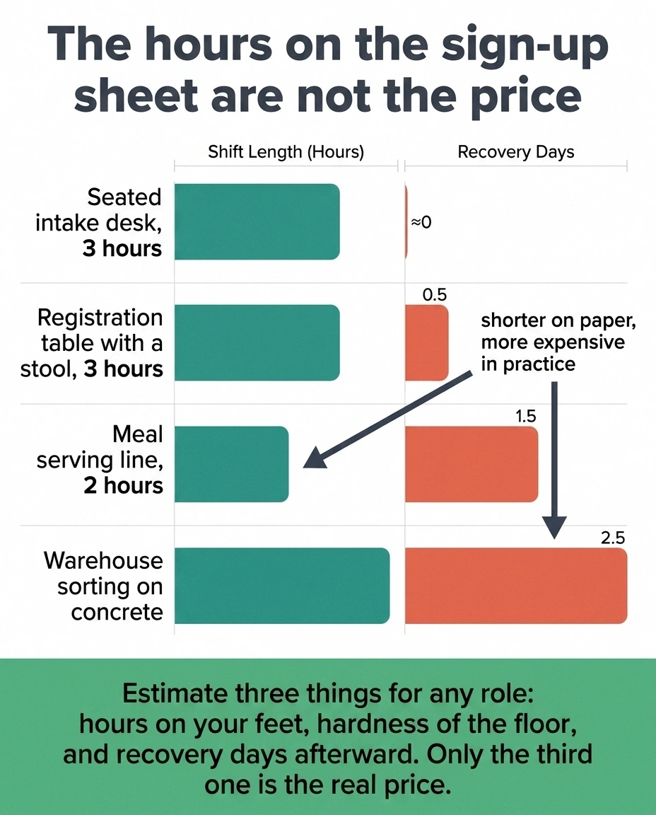 Bar chart comparing volunteer shift length against recovery days for seated and standing roles