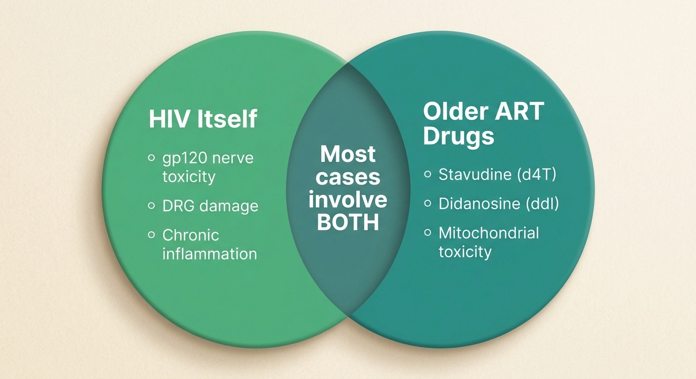 Venn diagram showing overlap of HIV-direct and older-ART-drug causes of neuropathy