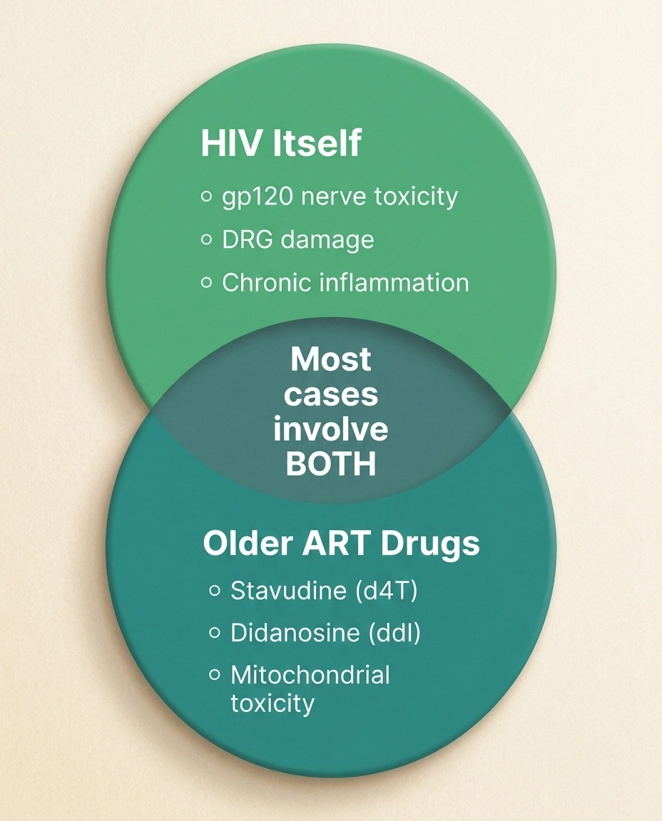 Venn diagram showing overlap of HIV-direct and older-ART-drug causes of neuropathy