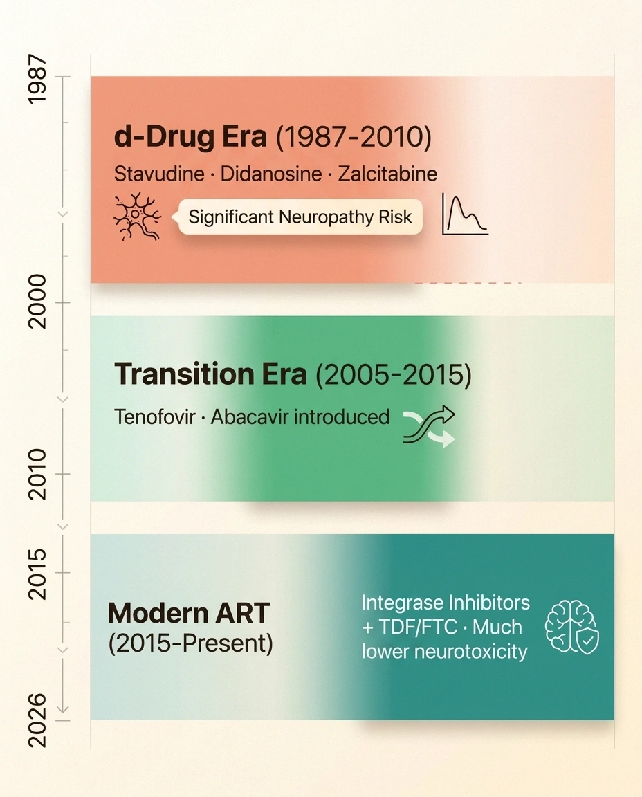 Timeline showing d-drug era versus modern ART regimens from 1987 to 2026