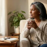 Woman in her late 50s sits by sunlit window holding coffee, calm hopeful expression