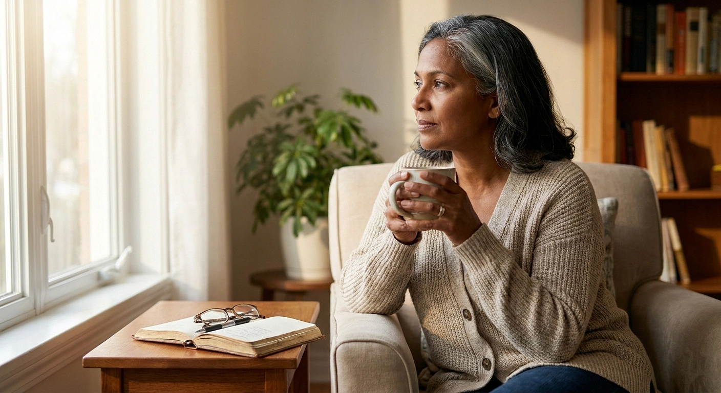 Woman in her late 50s sits by sunlit window holding coffee, calm hopeful expression