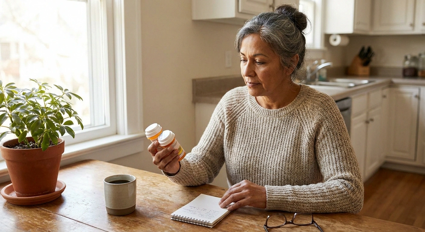 Woman in her 60s reviews medication bottles at sunlit kitchen table with notebook open