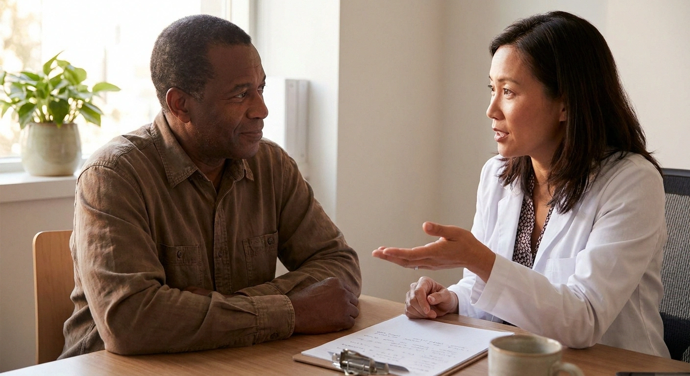 Patient and physician have a warm conversation across a desk in a sunlit clinic office