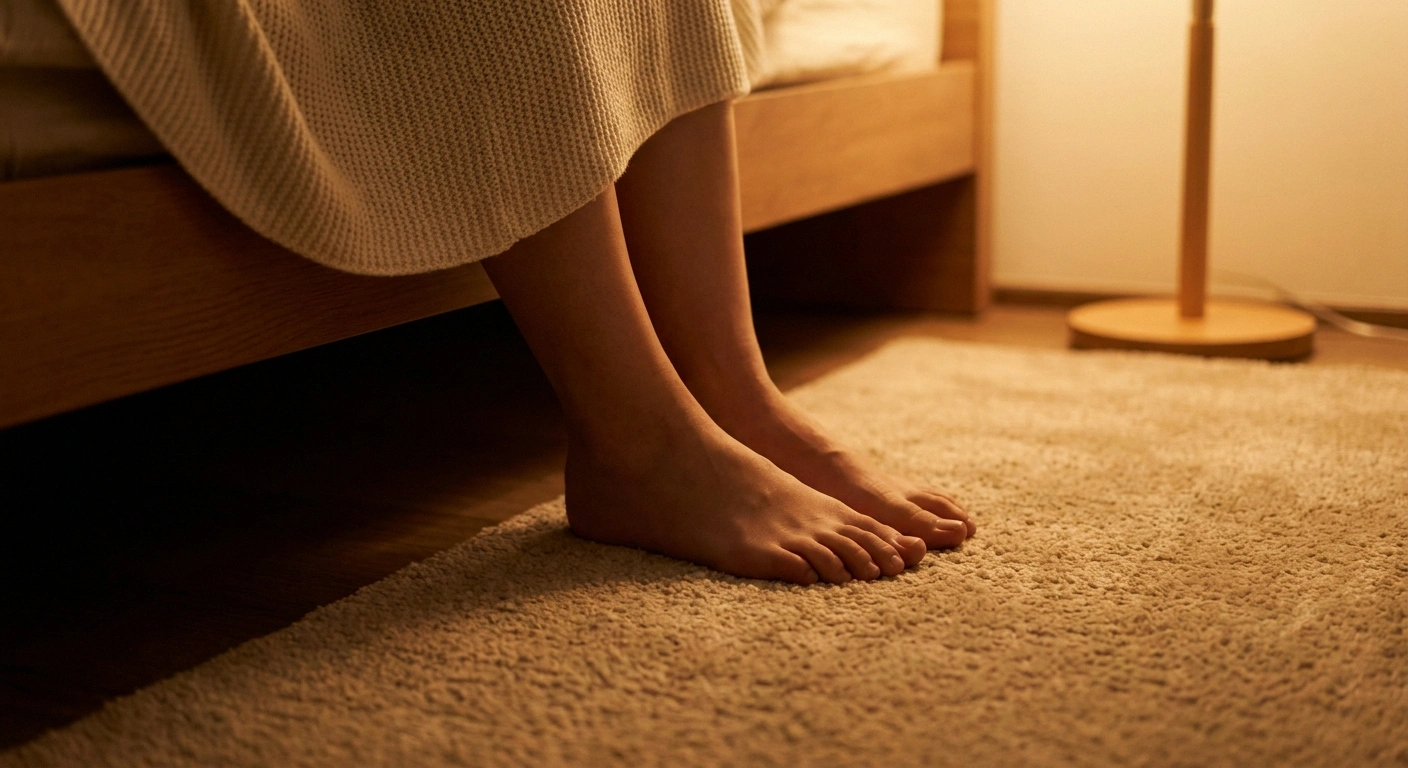 Bare feet on soft rug at bedside under warm evening lamp light