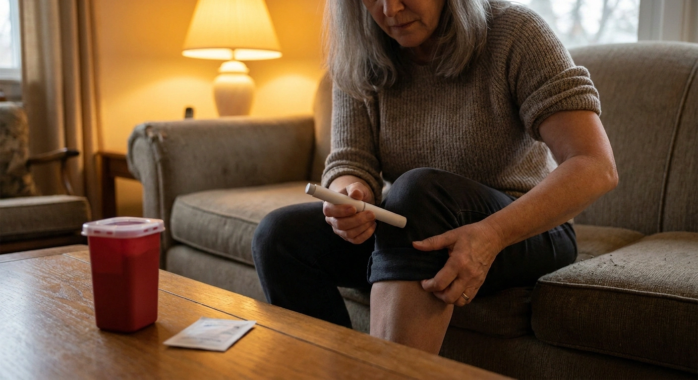 Older woman using an injection pen at home on her sofa