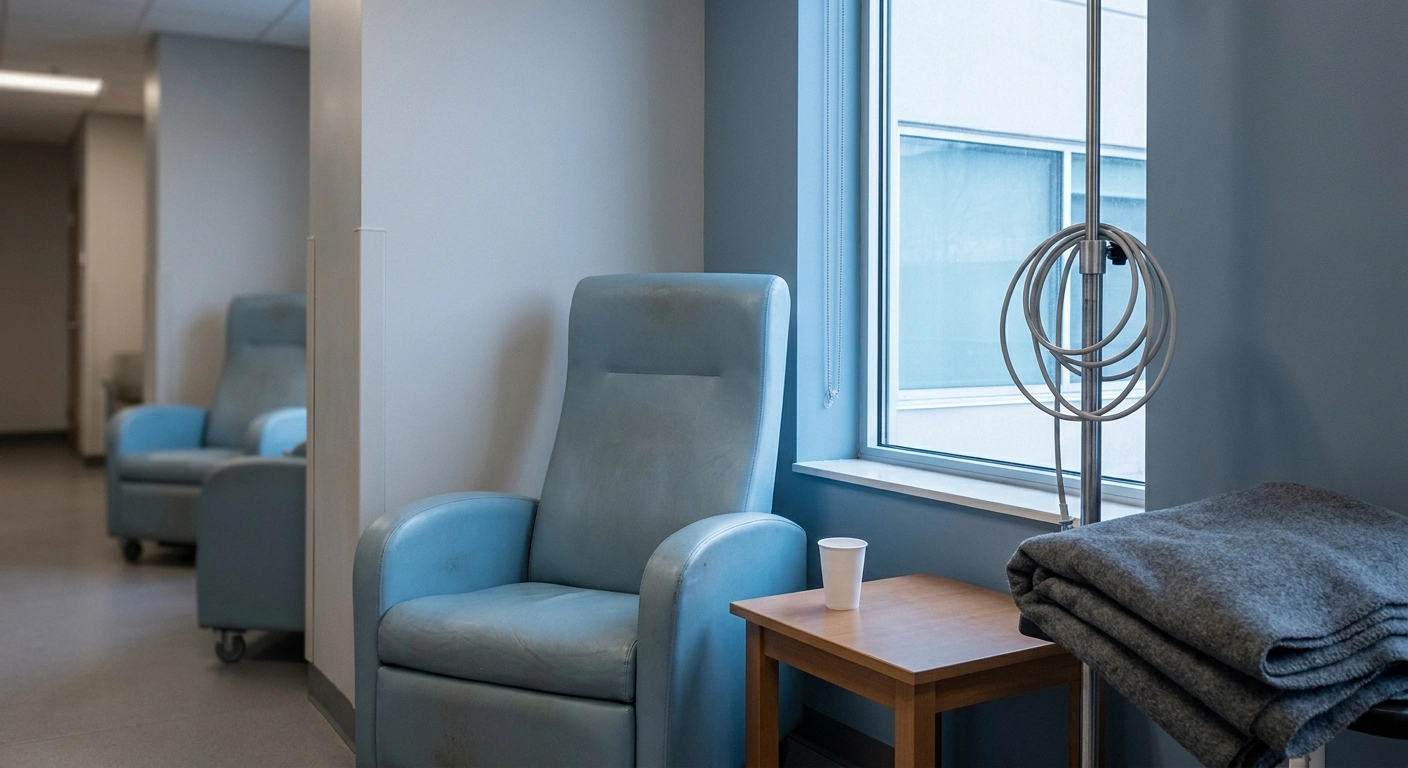 Empty infusion chair and IV pole beside a window in a quiet day treatment room