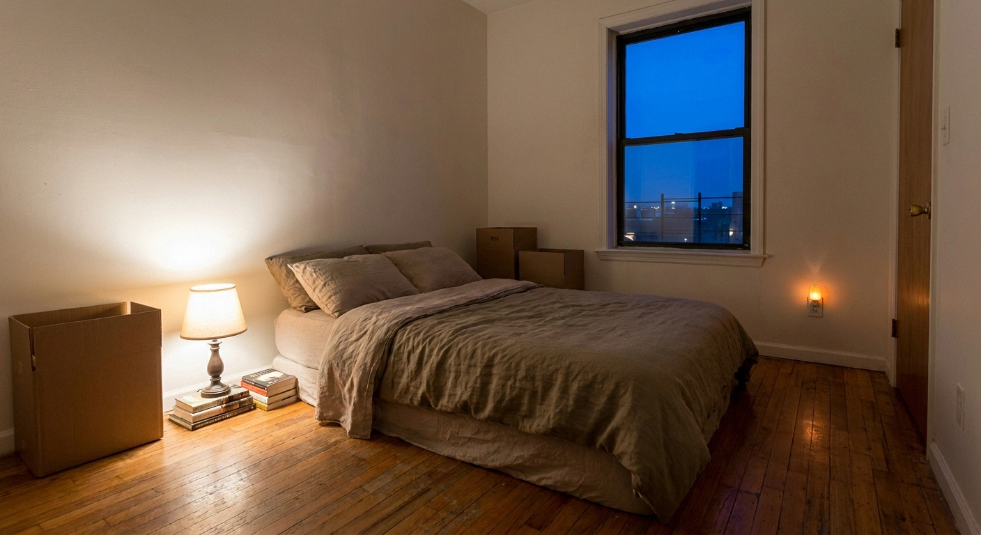 Freshly made bed in an empty new bedroom lit by a floor lamp at dusk