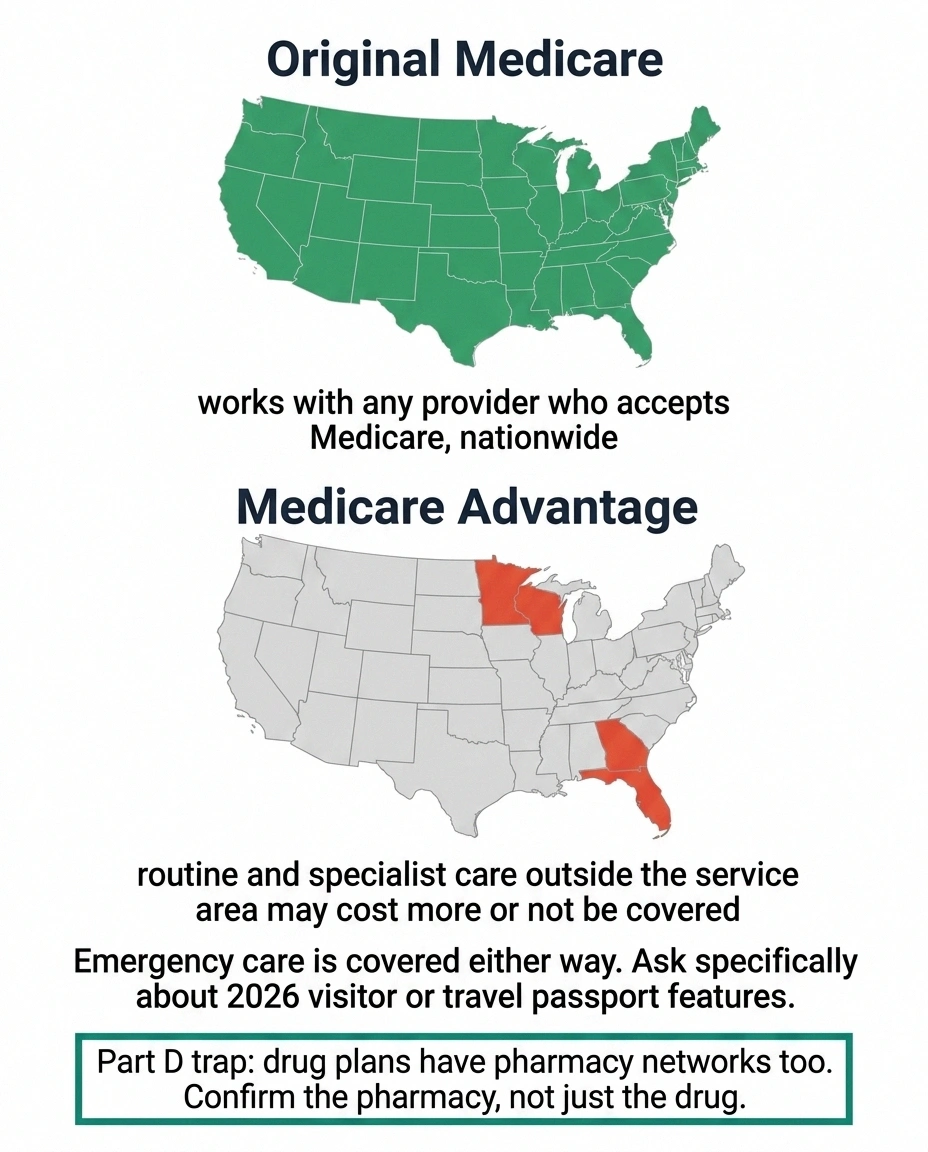 Two US maps comparing nationwide Original Medicare coverage with limited Advantage service areas