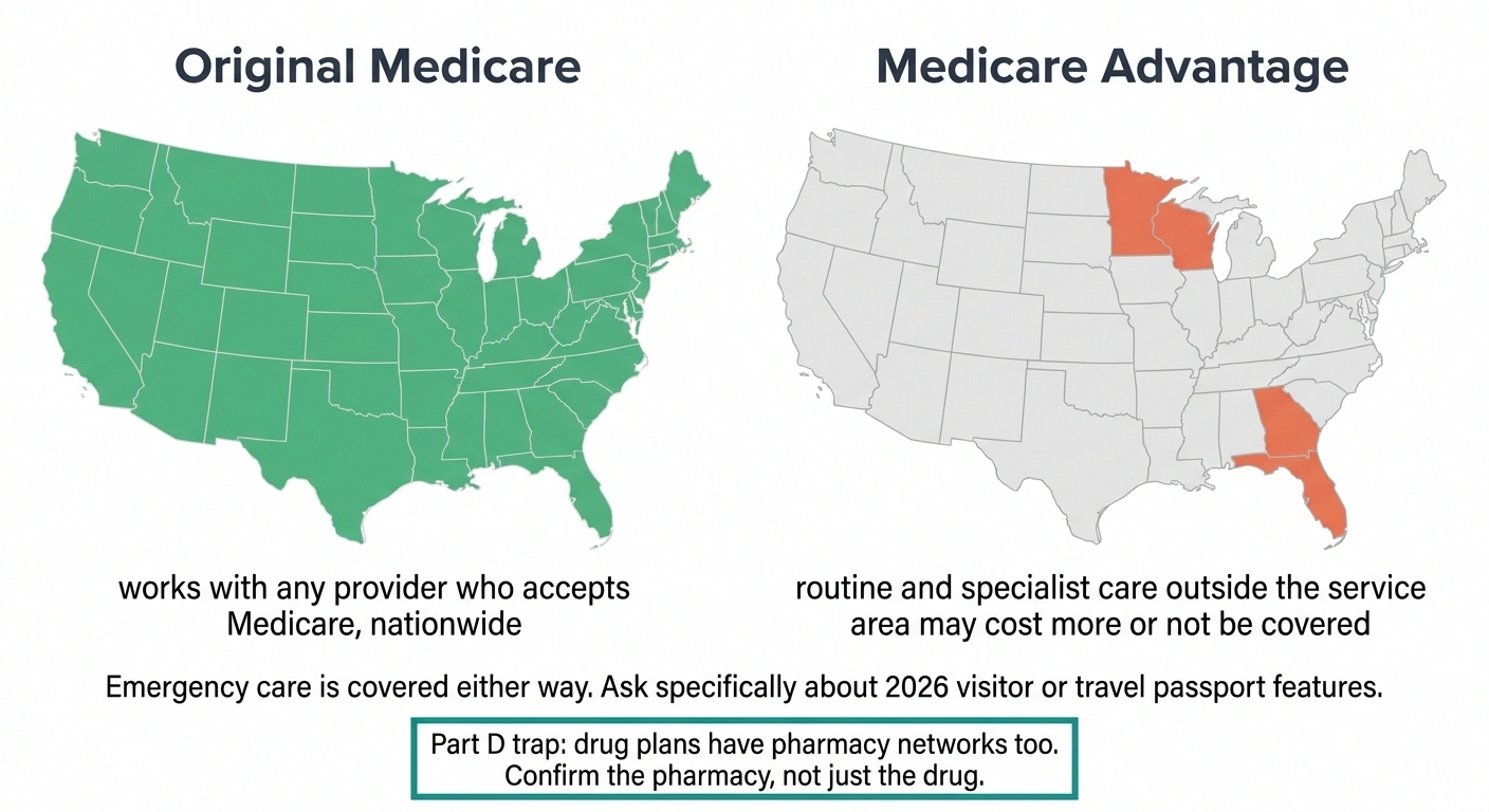 Two US maps comparing nationwide Original Medicare coverage with limited Advantage service areas