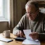 Older man at a kitchen table comparing a pharmacy receipt against a bank statement