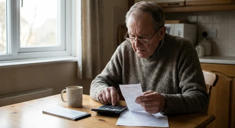Older man at a kitchen table comparing a pharmacy receipt against a bank statement
