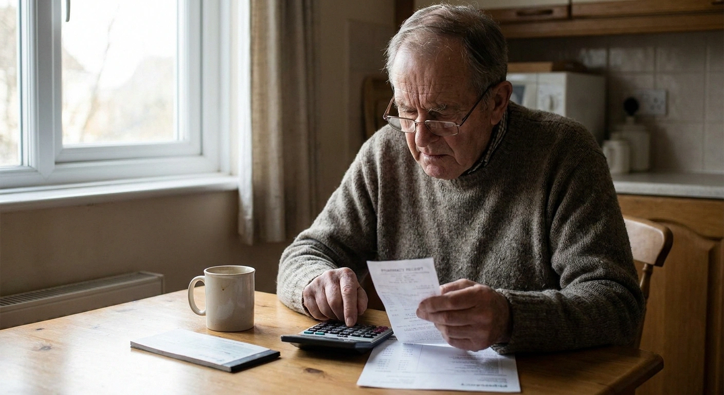 Older man at a kitchen table comparing a pharmacy receipt against a bank statement