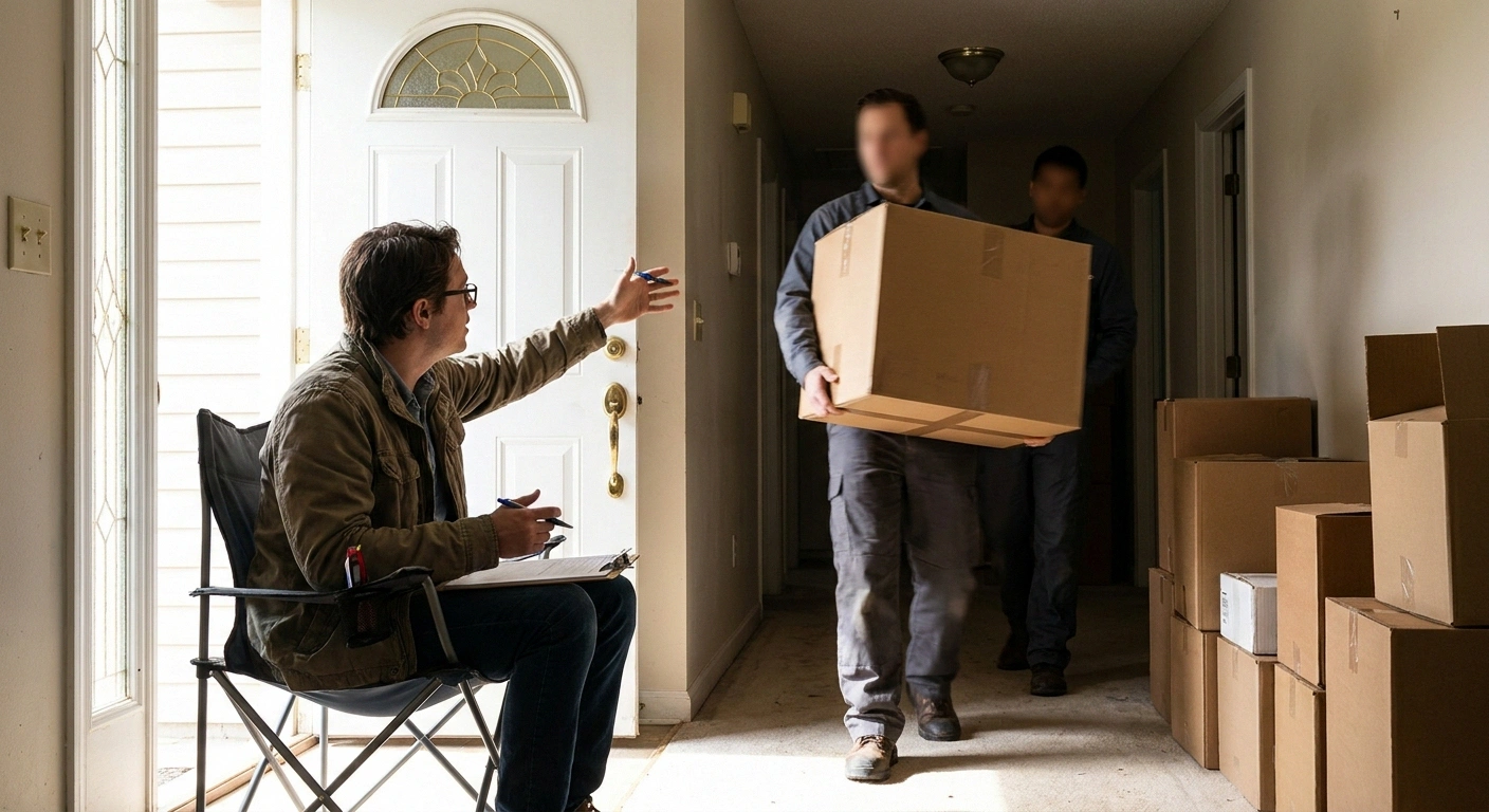 Person seated with a clipboard directing movers carrying a box through a doorway