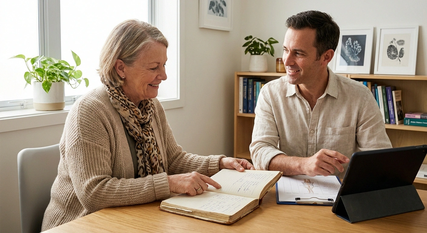 Older woman reviewing her bladder diary with an attentive doctor during a urology consultation