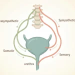Illustration of bladder anatomy and the four nerve pathways that control urination, affected by autonomic neuropathy