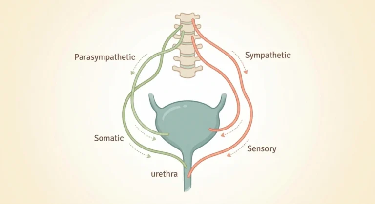 Illustration of bladder anatomy and the four nerve pathways that control urination, affected by autonomic neuropathy