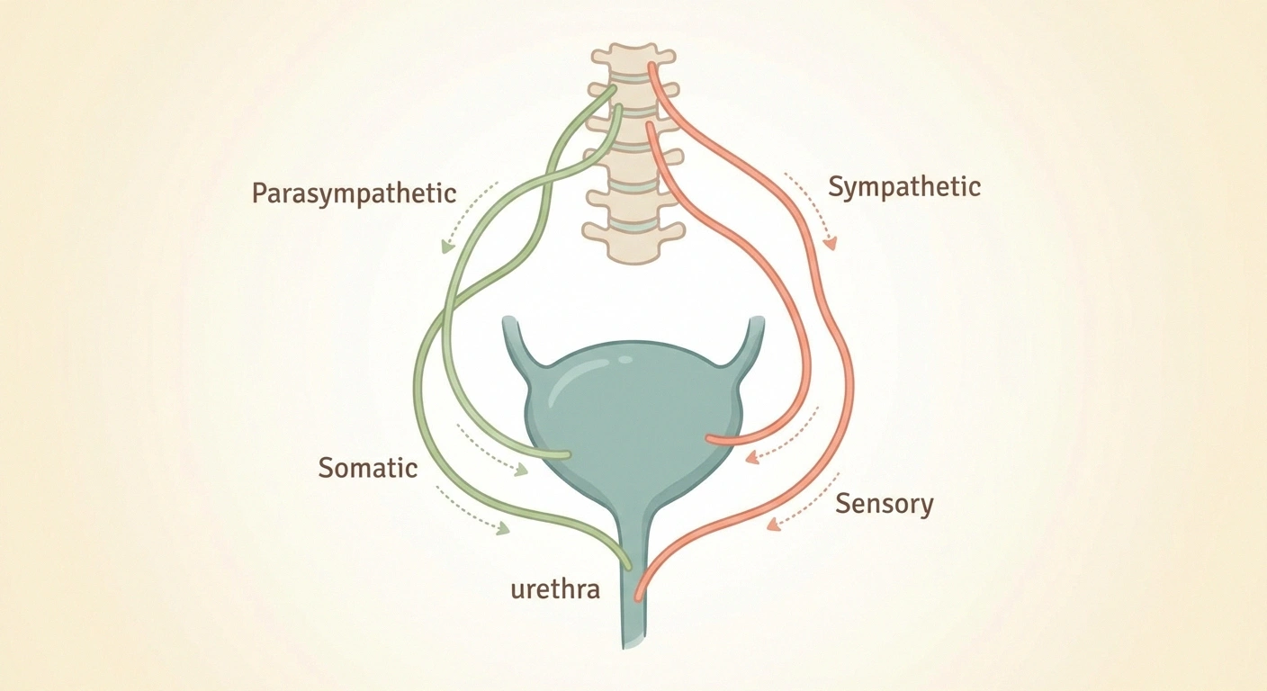 Illustration of bladder anatomy and the four nerve pathways that control urination, affected by autonomic neuropathy