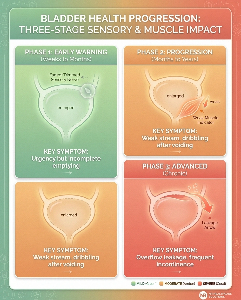 Infographic showing the three phases of neurogenic bladder progression from sensory loss to overflow incontinence