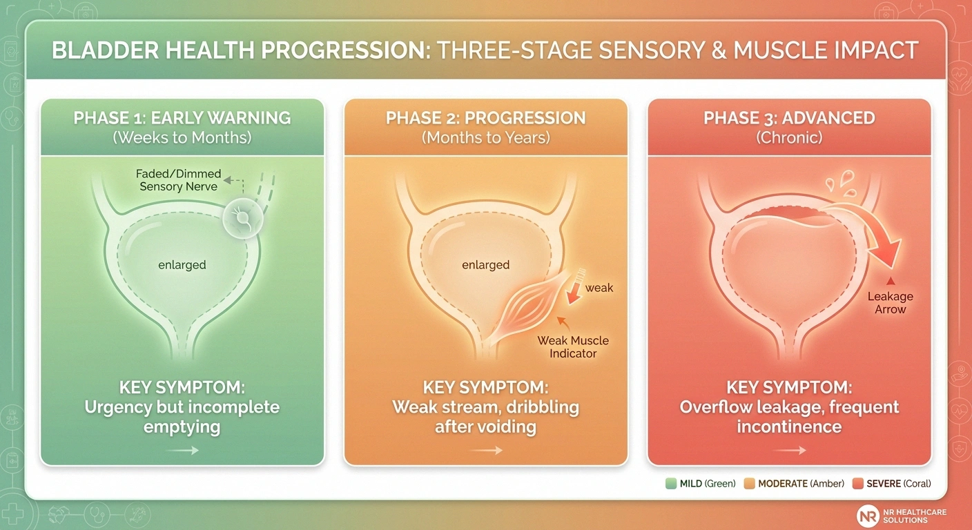 Infographic showing the three phases of neurogenic bladder progression from sensory loss to overflow incontinence