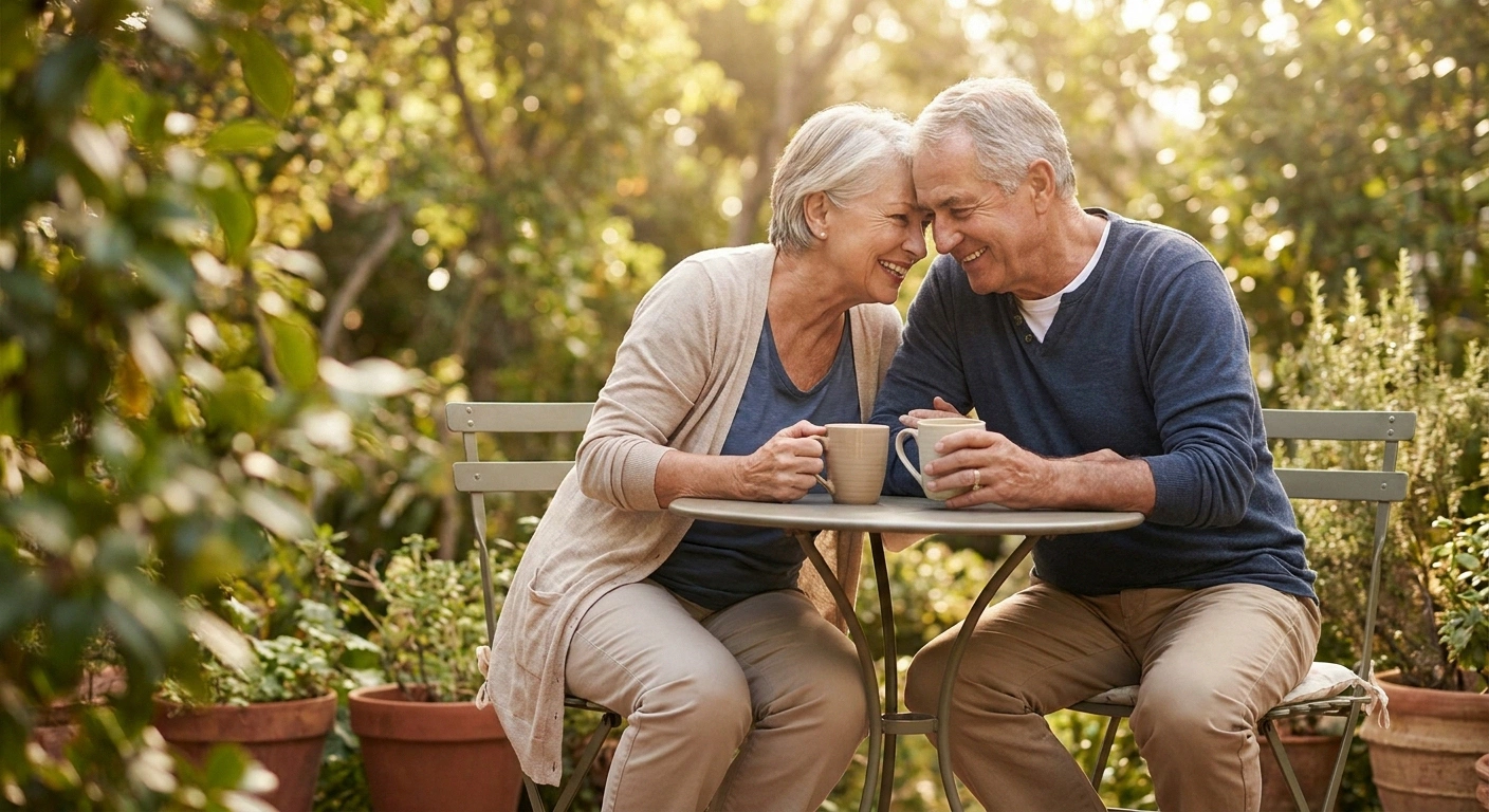 Older couple enjoying coffee together at an outdoor cafe after regaining quality of life from neurogenic bladder treatment