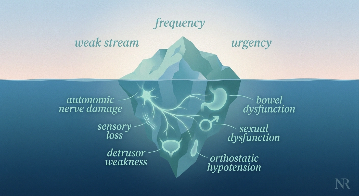 Iceberg illustration showing visible bladder symptoms above the waterline and underlying autonomic neuropathy below