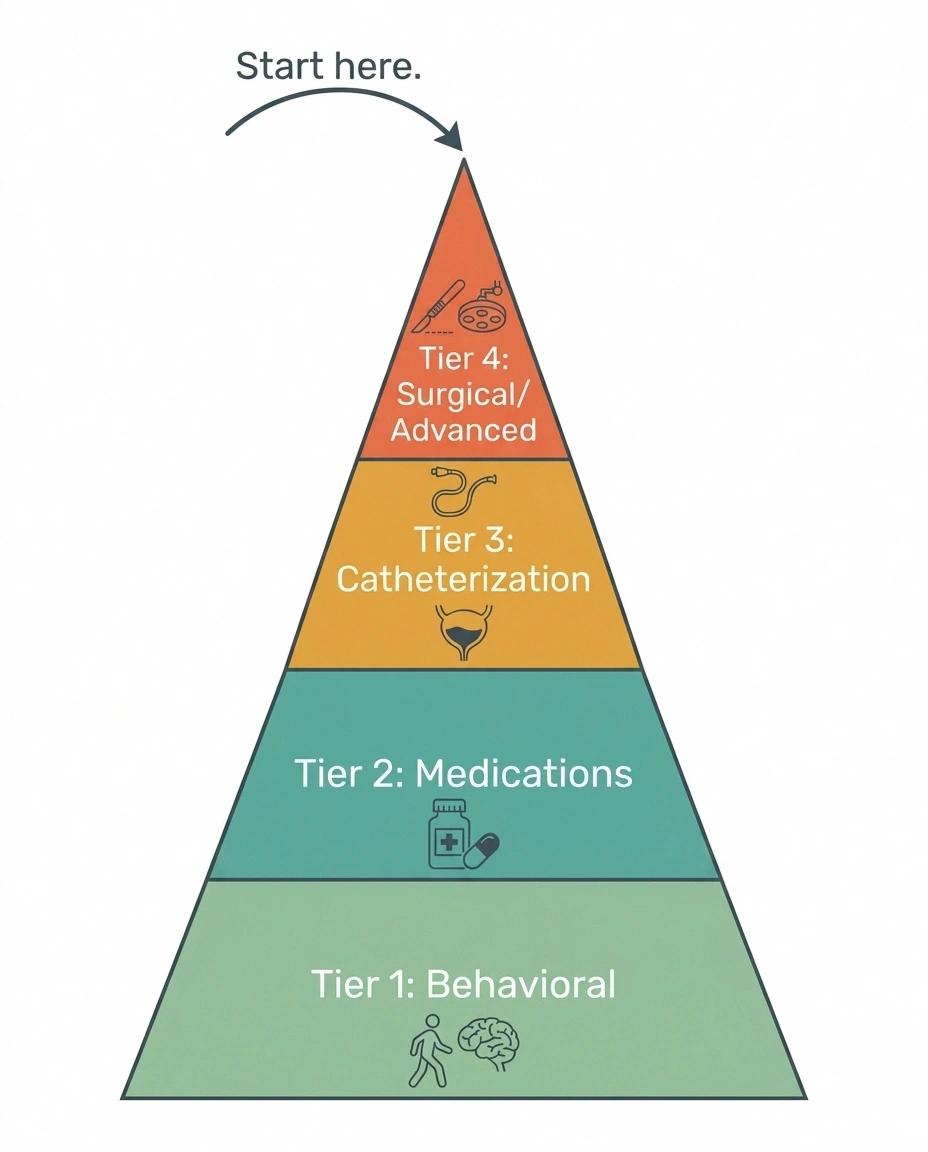 Treatment pyramid for neurogenic bladder from behavioral interventions at the base up through surgical options at the top