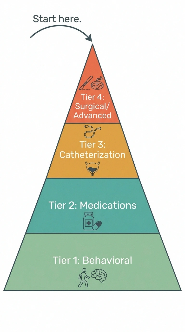 Treatment pyramid for neurogenic bladder from behavioral interventions at the base up through surgical options at the top