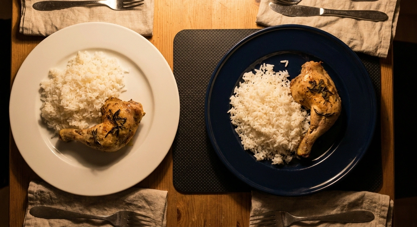 White rice on a white plate beside the same meal on a dark plate for contrast