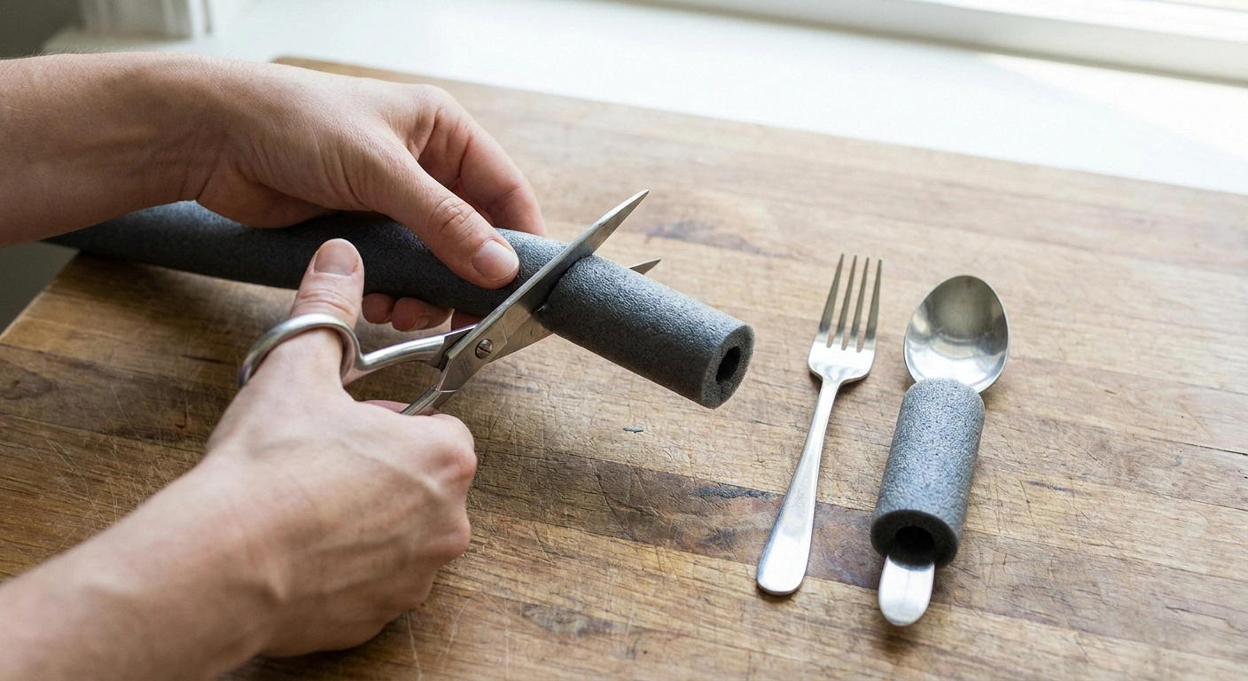 Hands cutting foam tubing to fit over an ordinary spoon handle