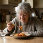 Older woman eating pasta with a fork that has a thick foam-covered handle