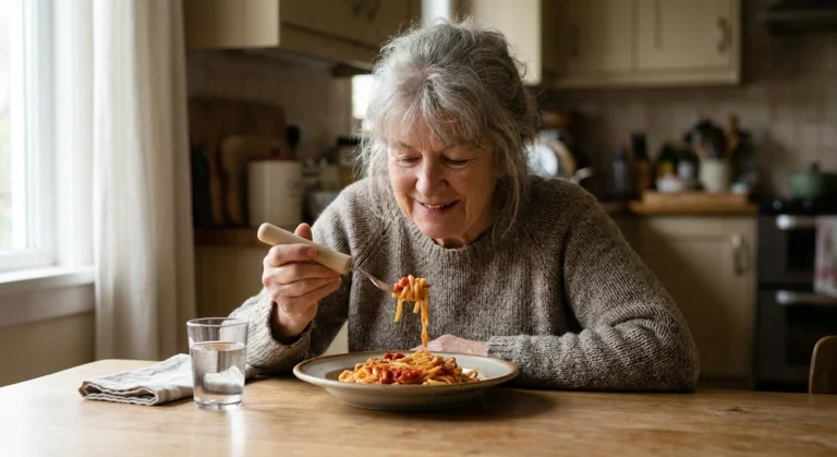 Older woman eating pasta with a fork that has a thick foam-covered handle