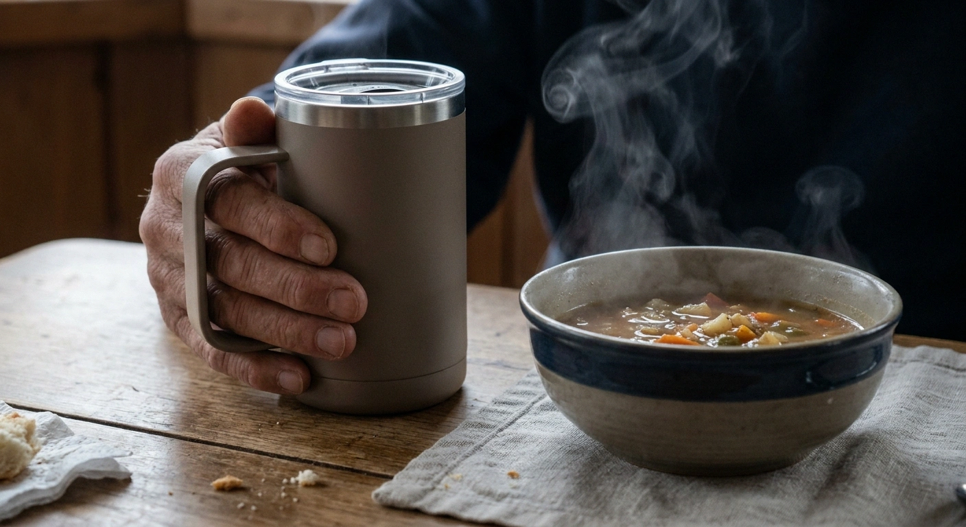 Hand holding an insulated mug by a large handle beside a bowl of soup on the table