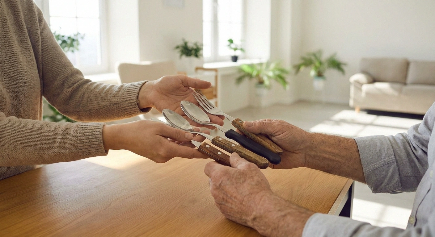 Older man testing adaptive utensils with different handle sizes during a therapy session