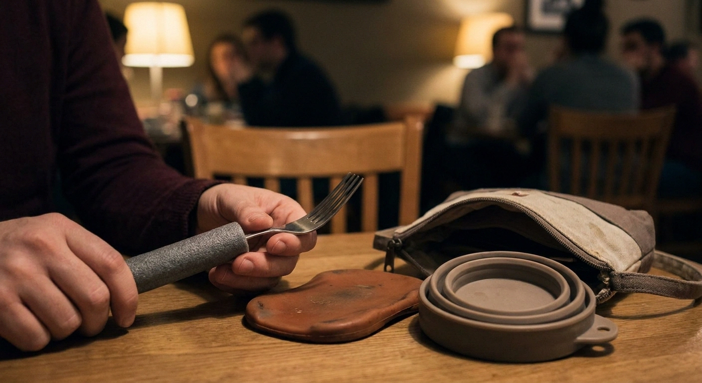 Foam grip slid onto a restaurant fork beside a small non-slip pad and folding cup