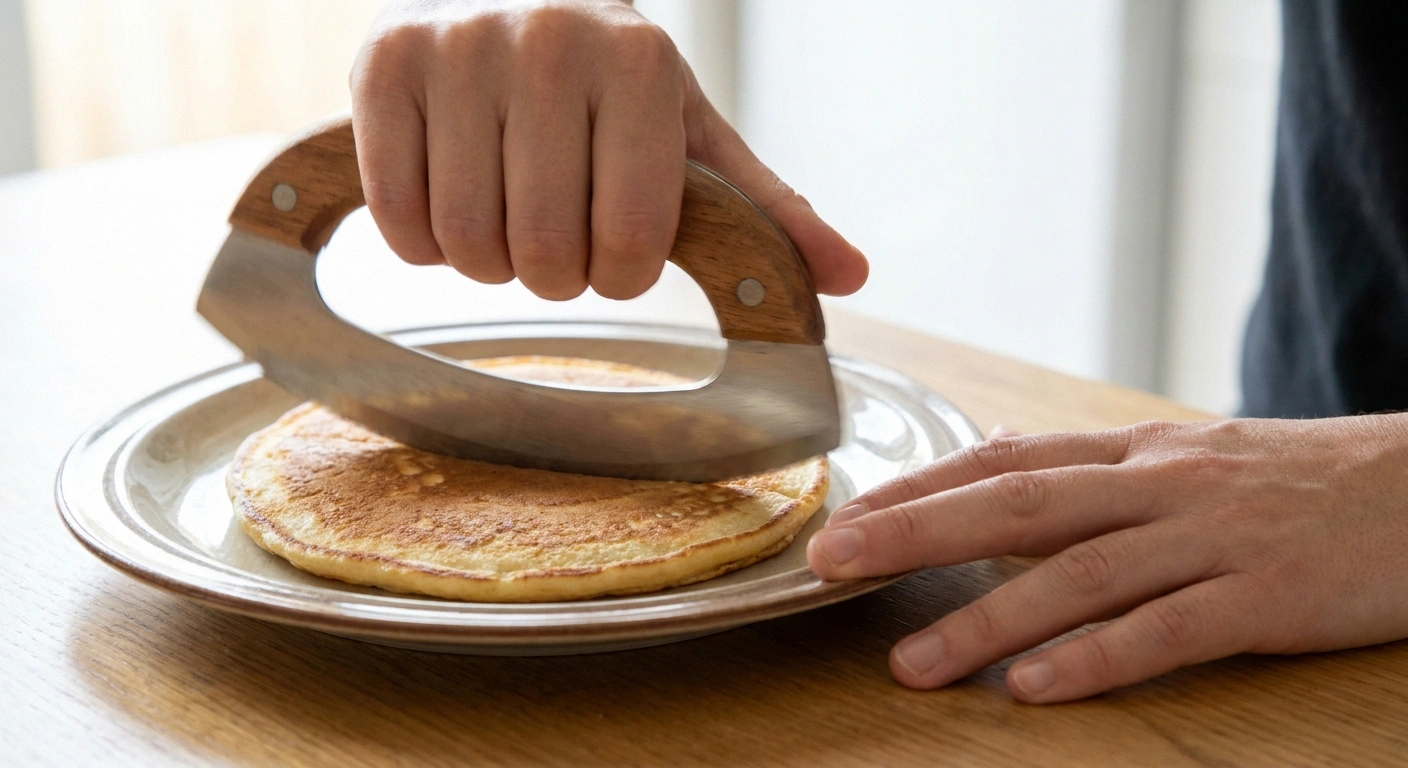 One hand cutting a pancake with a curved rocker knife