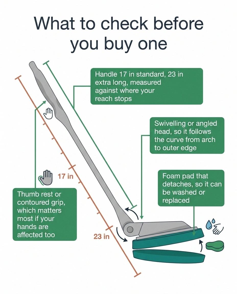 Labelled diagram of a long handled lotion applicator and its key features