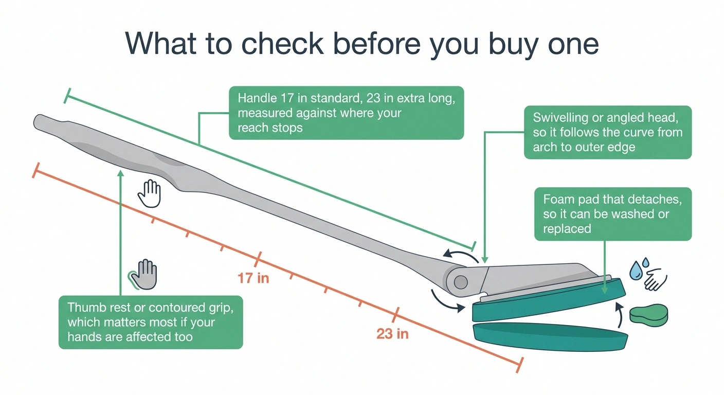 Labelled diagram of a long handled lotion applicator and its key features