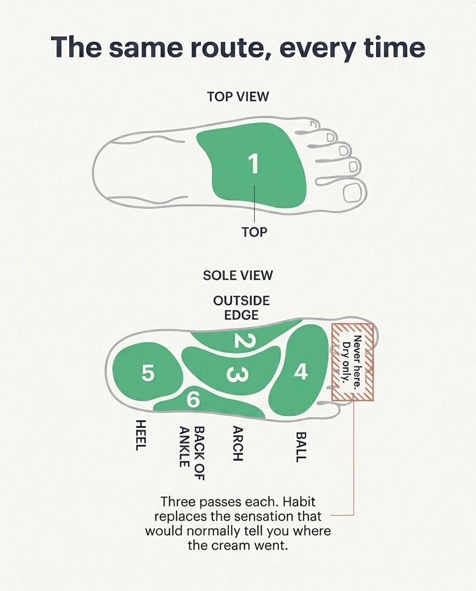 Numbered foot map showing the six zone moisturising route and the excluded area